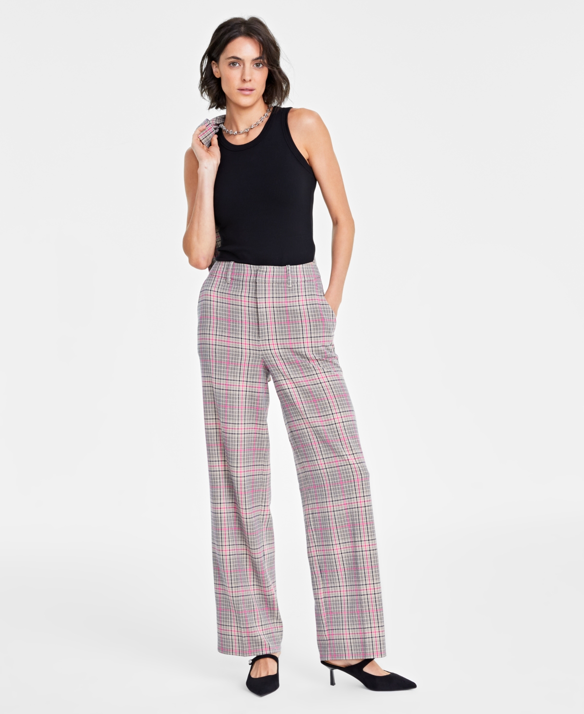 On 34th Women's Plaid High Rise Wide-Leg Trousers, Created for Macy's - Fuschia Purple Combo