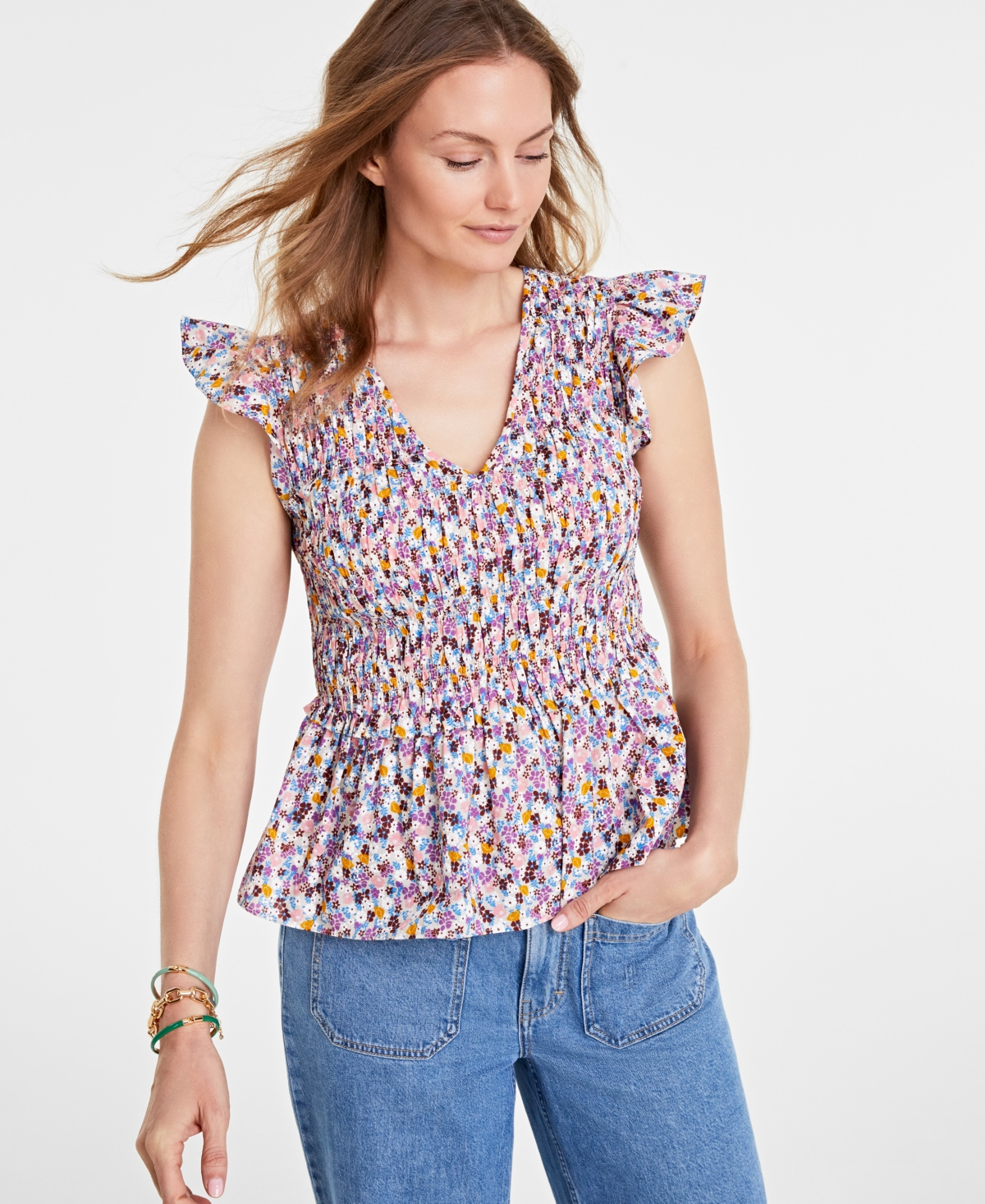 On 34th Women's Ruffle-Sleeve Printed Peplum Top, Created for Macy's - Pastel Rose Cmb