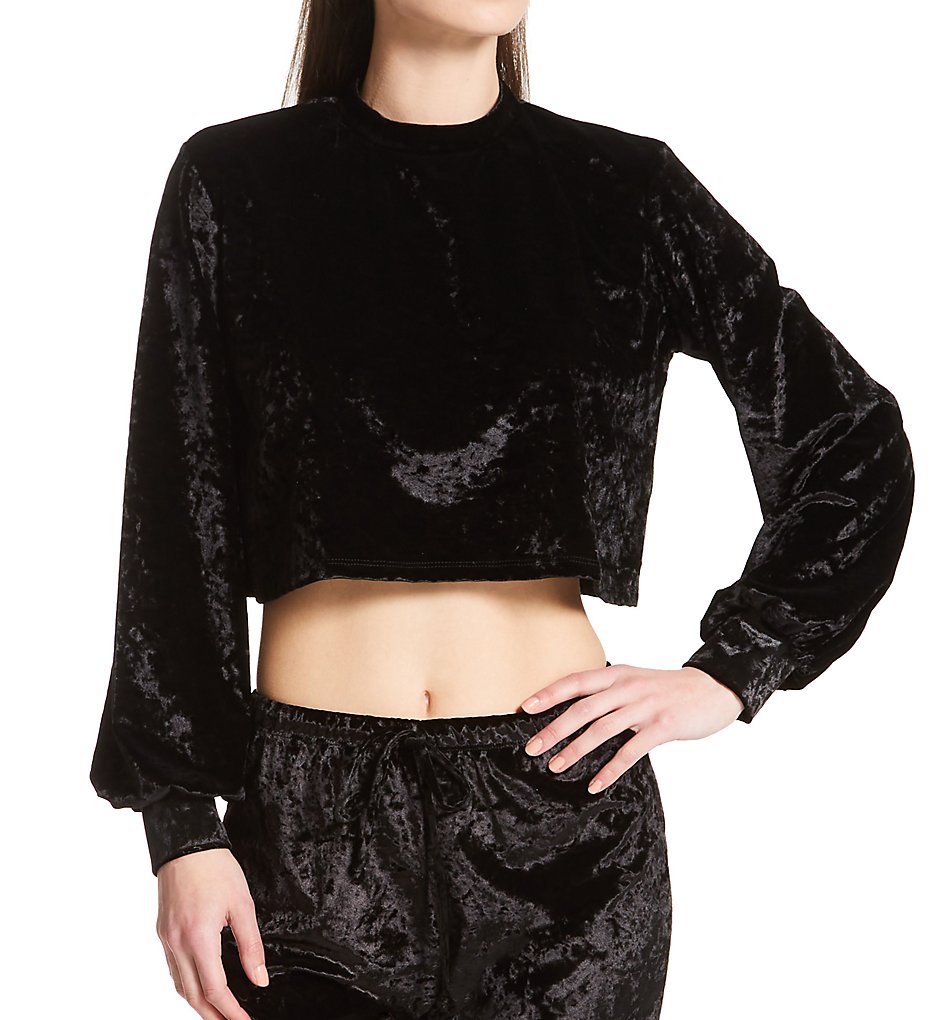 Onzie Women's Long Sleeve Velvet Crop Top in Black Crushed Velvet | Size Medium/Large | HerRoom.com