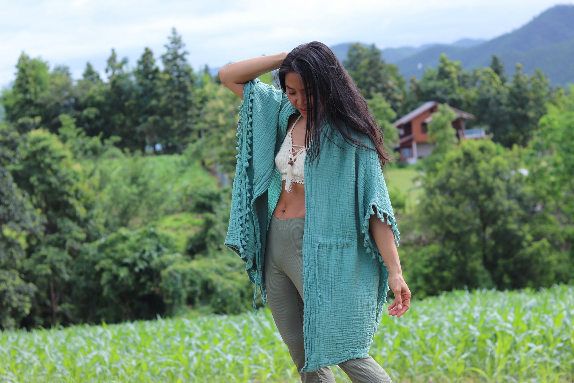 Open Cardigan/Tunic Top Boho Festival Beach Wrap Color Mint Green