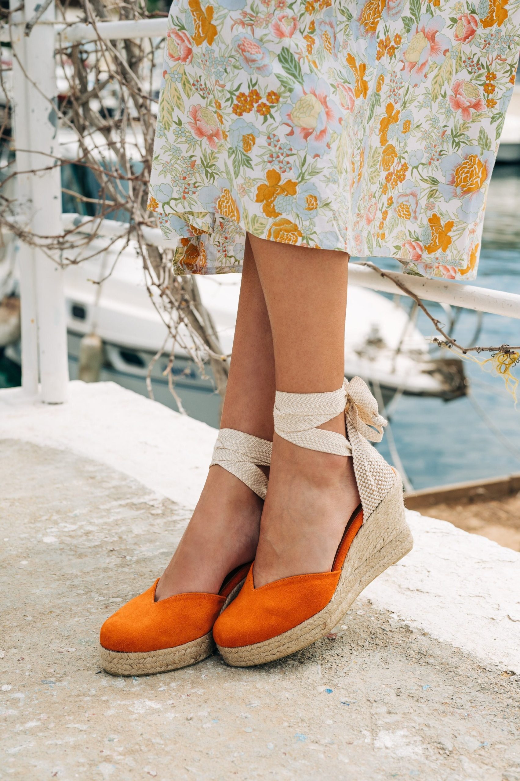 Orange Suede Espadrilles Wedges With Beige Cotton Ribbon .suede Wedge Orange Espadrilles Handmade in Greece . Jute Platform Sole