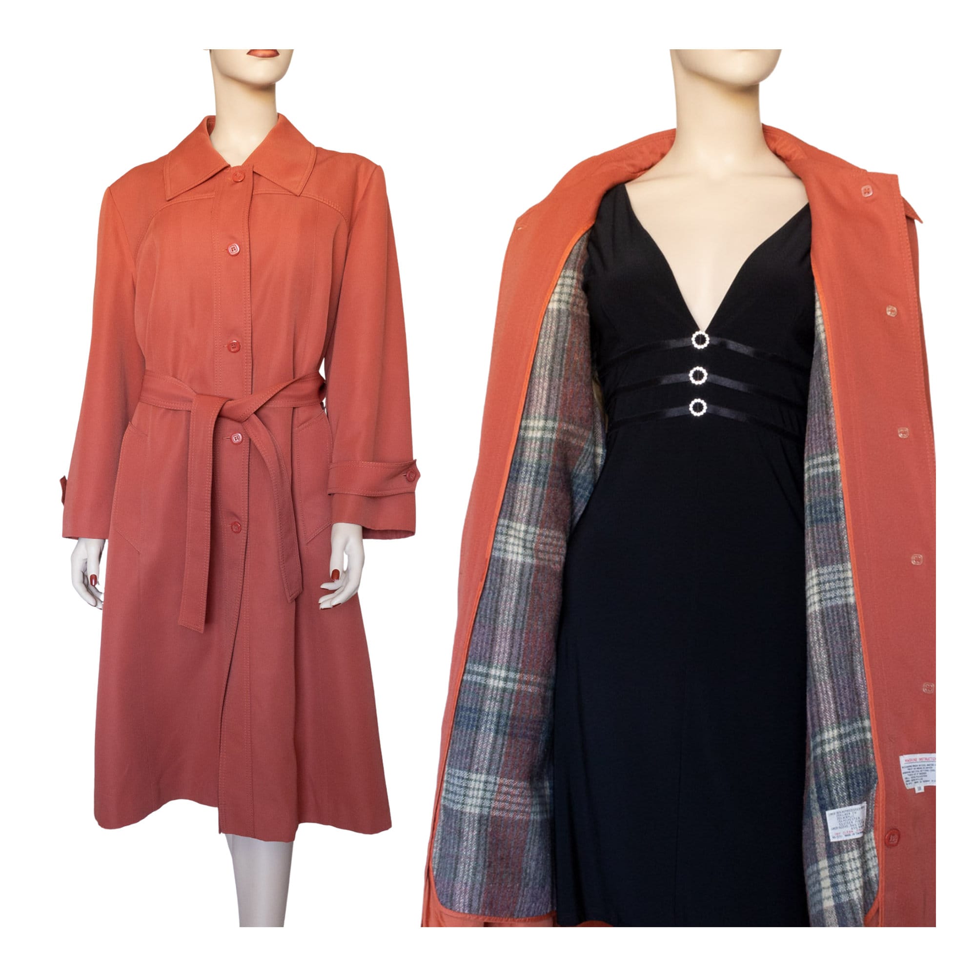 Orange/Coral Trench Coat By Sirocco With Plaid Lining Sz 16