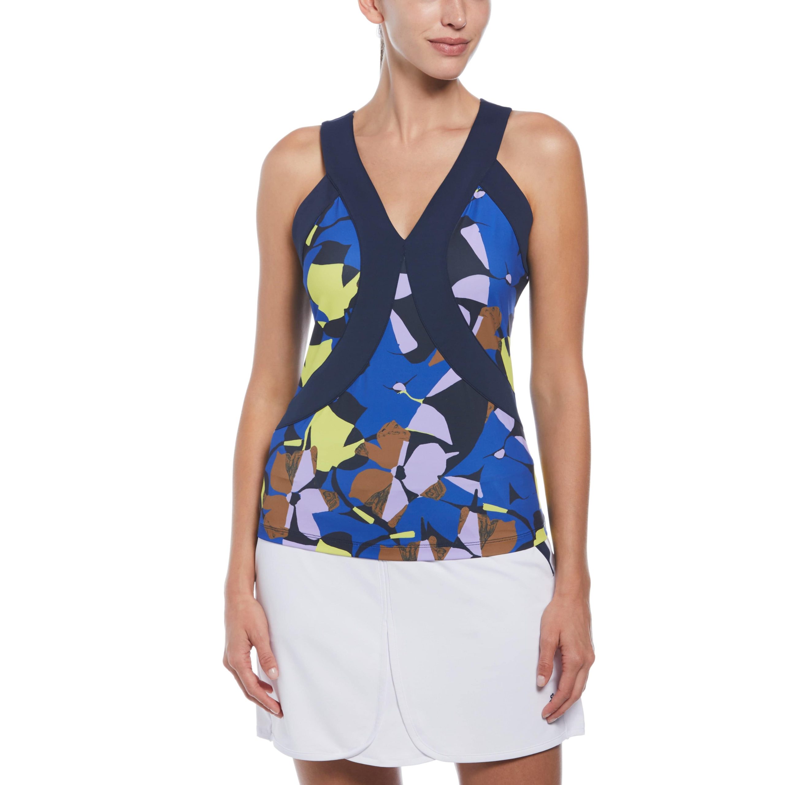 Original Penguin Womens Criss-Cross Floral Tank Top in Black Iris Blue, Size 2XL, Recycled Polyester/Elastane