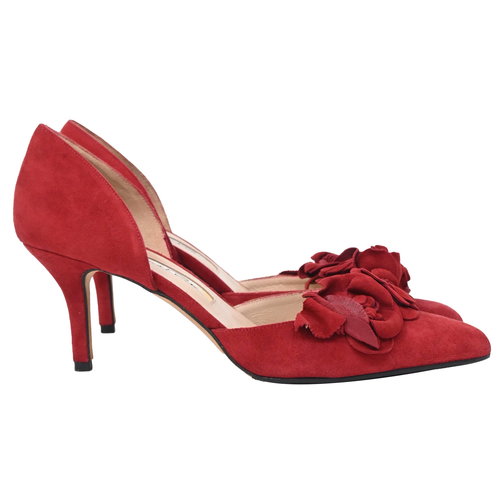 Oscar De La Renta Rose Detail Pointed Kitten Heel Pumps in Red Suede