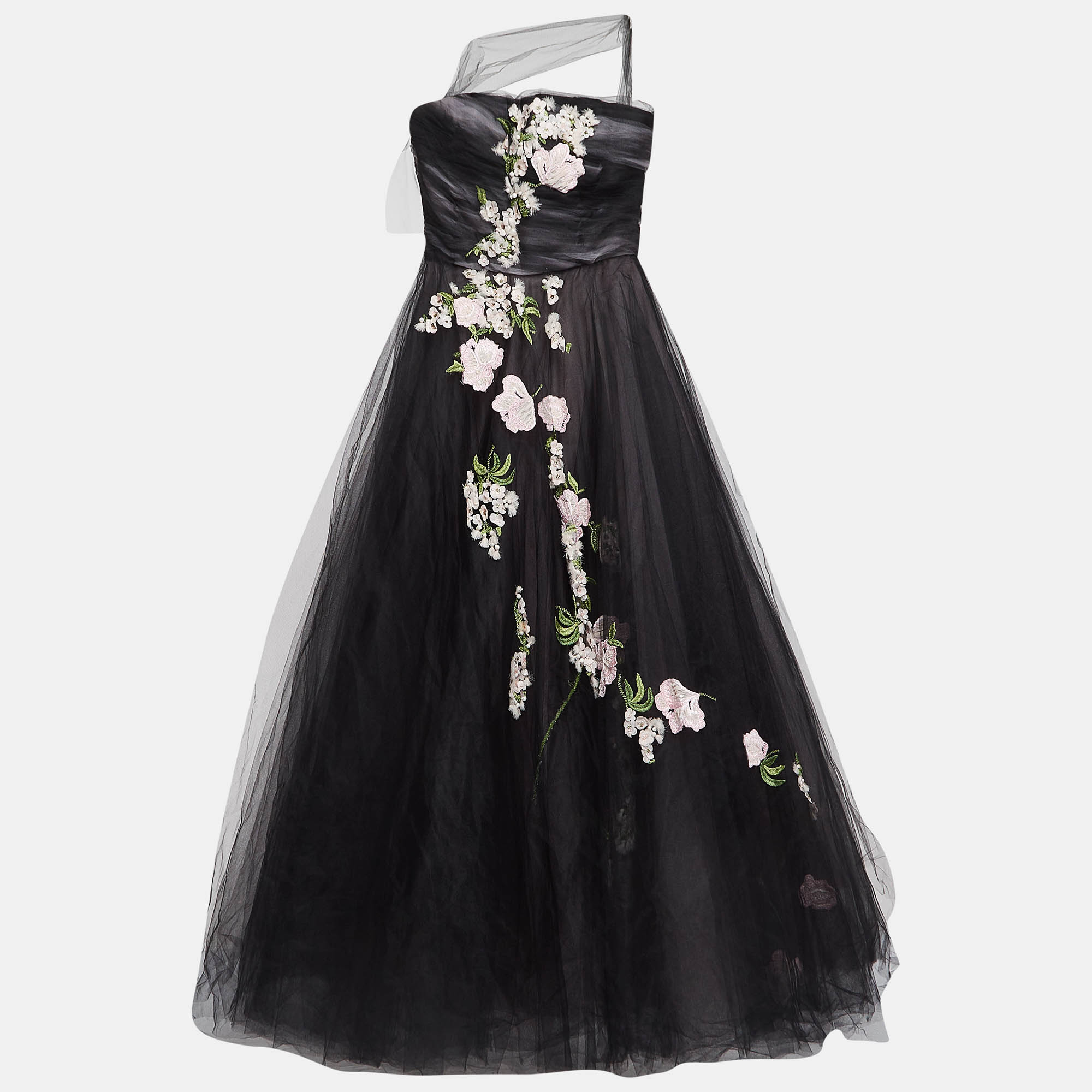 Oscar de la Renta Black Floral Embroidered and Appliqued Tulle Halter Neck Gown M