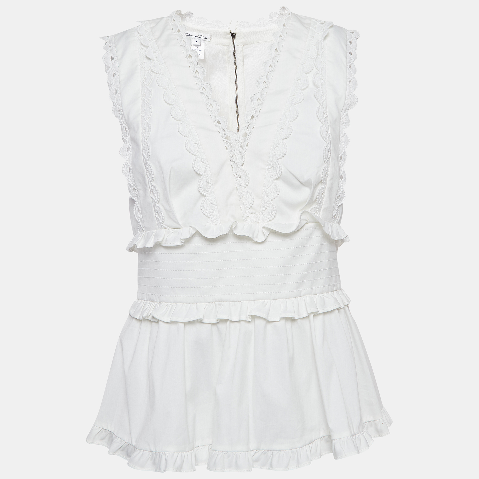 Oscar de la Renta White Lace Trim Cotton Ruffled Peplum Top M