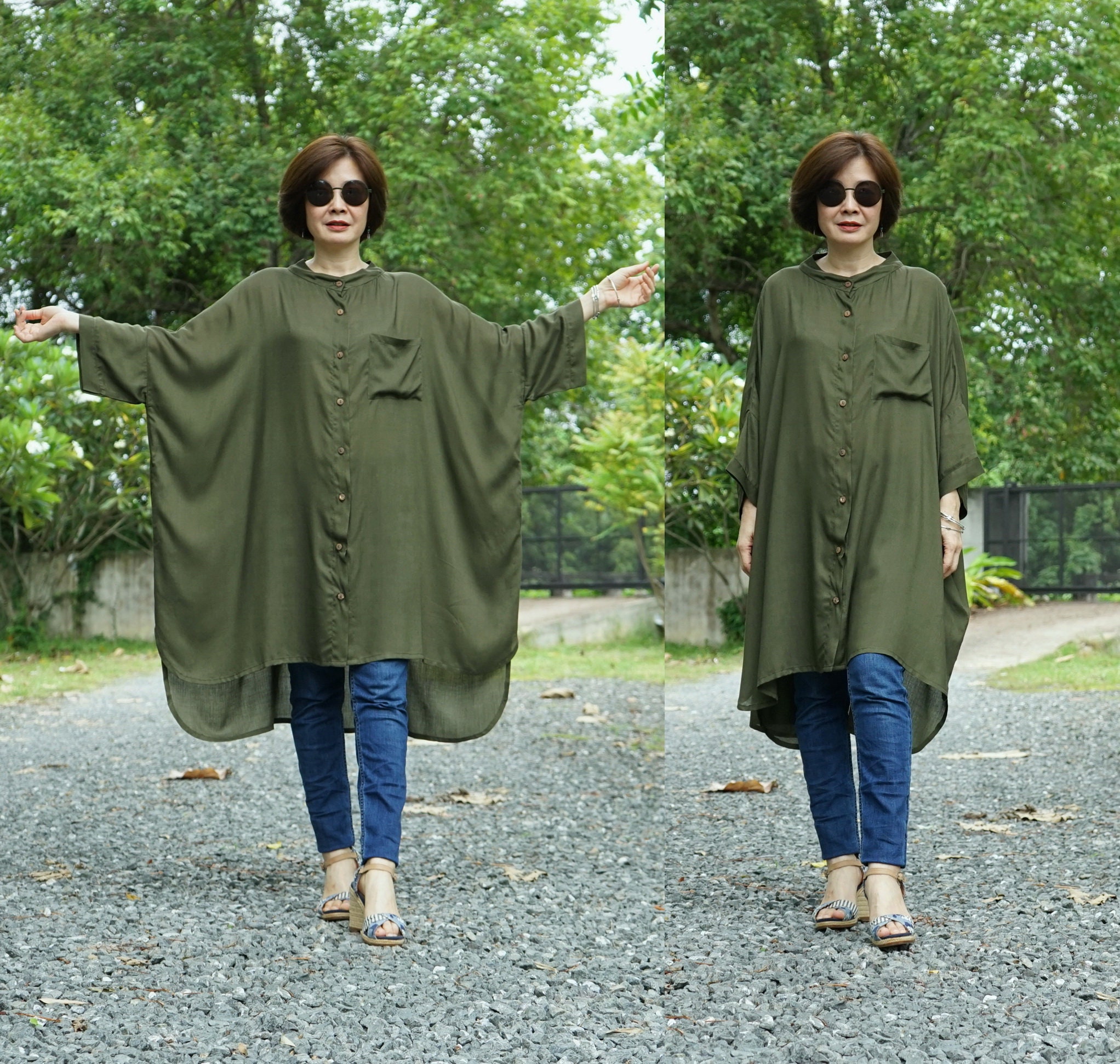 Oversize Funky Boho Minimalist Band Collar 4/5 Sleeve Front Opening Olive Light Rayon Top Tunic