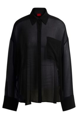 Oversize-fit blouse in sheer seersucker with point collar- Black Women's Business Blouses size 4