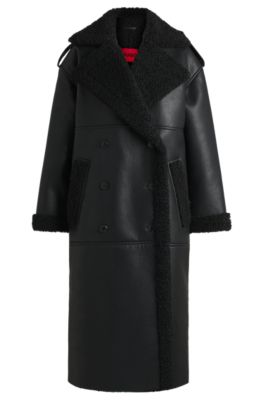 Oversize-fit faux-leather coat with faux-fur trims- Black Women's Casual Coats size 4