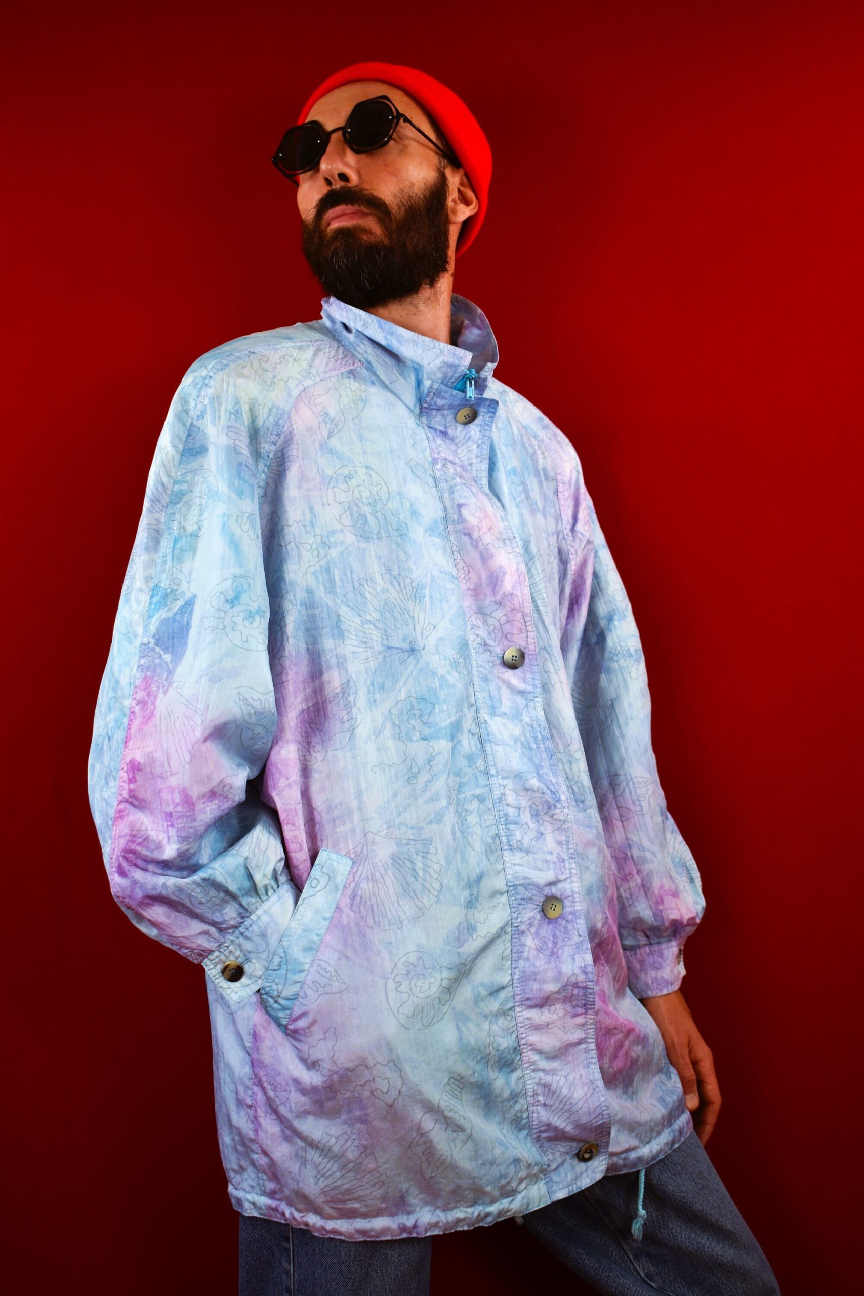 Oversized 80S Wind Jacket - Pastel Nuance Colors Vintage Windbreaker Sea Life Pattern Crinkle Effect Street Wear