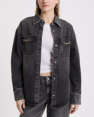 Oversized Denim Horesebit Double Pocket Portofino Shirt Shacket