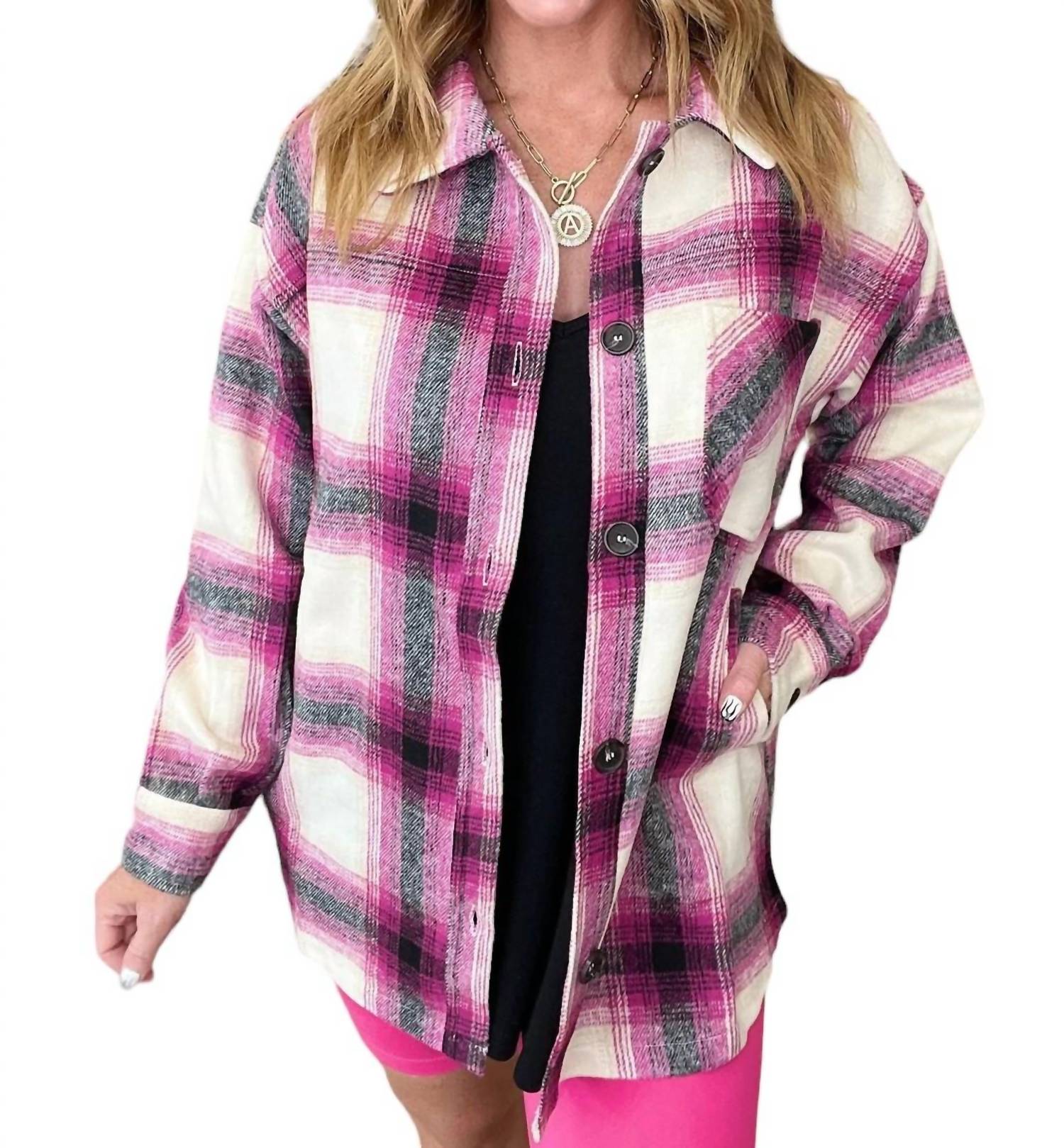 Oversized Longline Plaid Shacket In Magenta