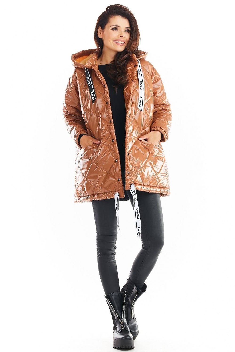 Oversized Metallic Puffer Jacket, Quilted Hooded Ladies Coat With Pockets, Padded Down Women