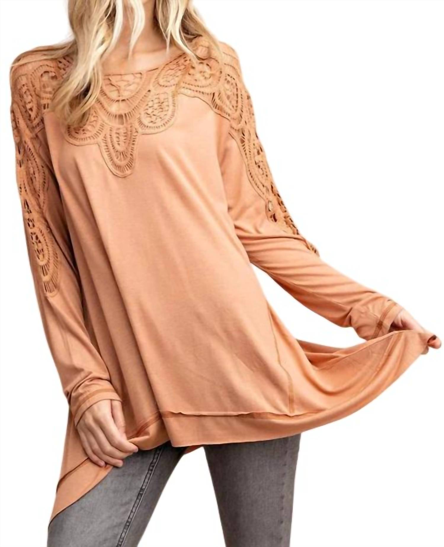 Oversized Patch Mixed Jersey Tunic Top In Apricot