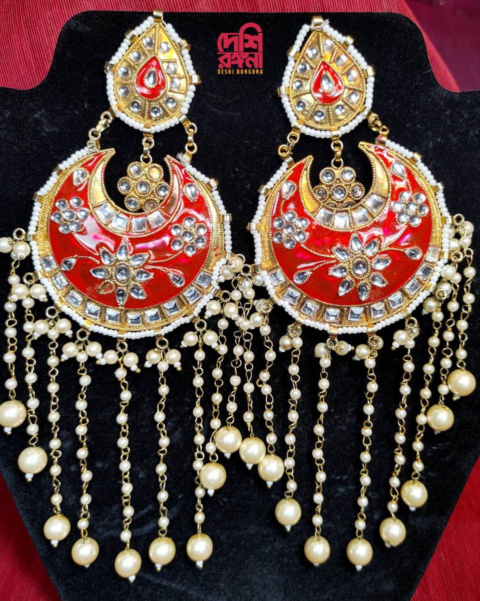 Oversized Red Chandbali Earrings, Kundan Stones, Faux Pearl, Enamel Coated Alloy, Palace Banquet Dangle Gorgeous Party Jewelry