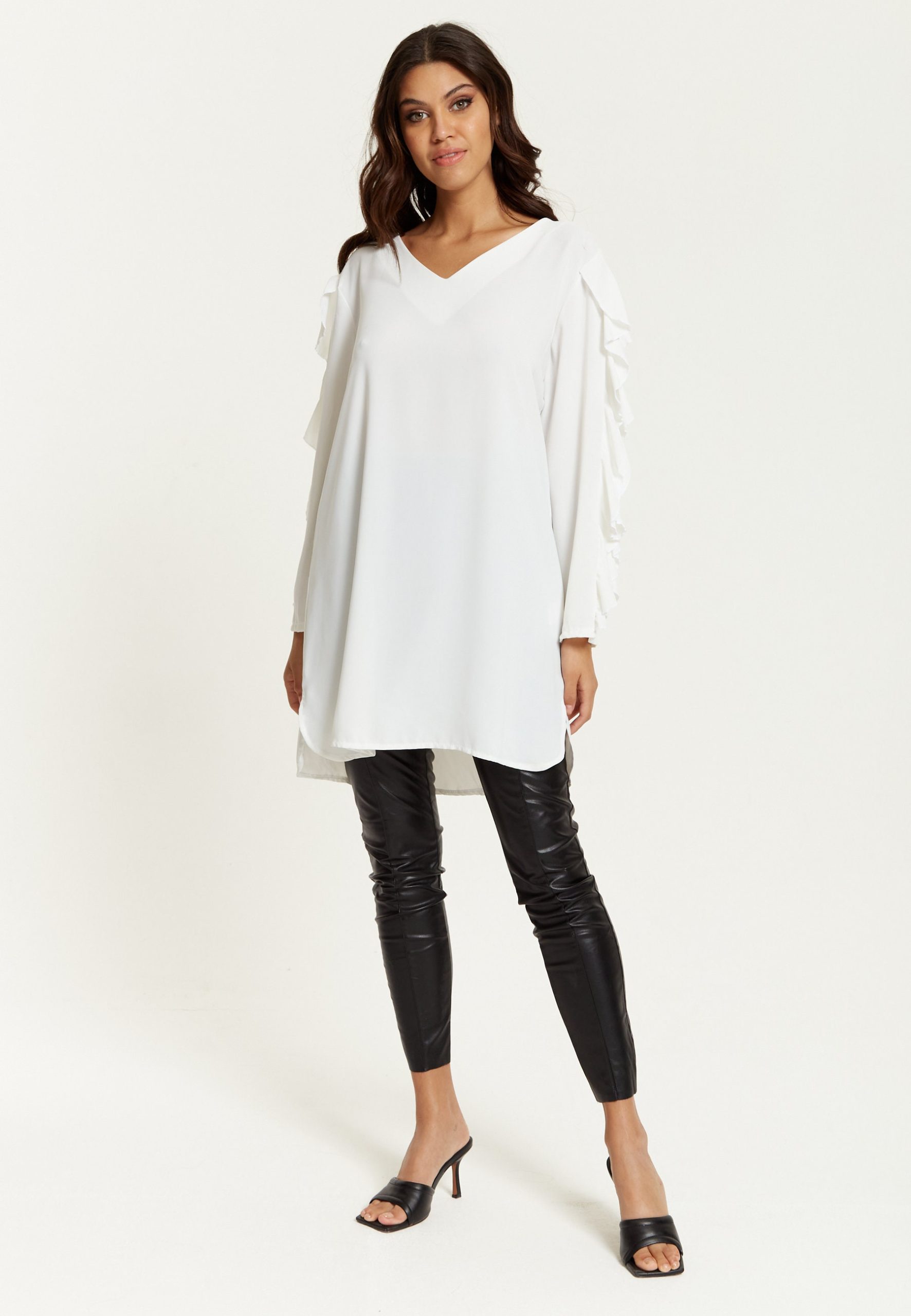 Oversized Tunic Top With Ruffle Detailed Sleeve, V Neck Top, Office Wear Style, Loose Fit For Plus Size, Versatile White