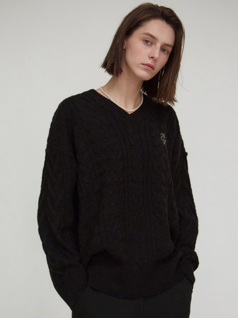 Oversized V Neck Knit Top (Black)