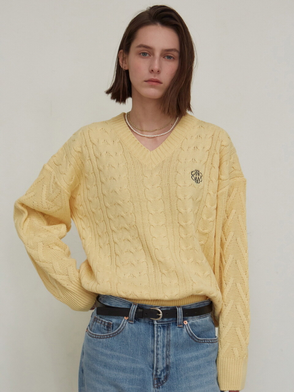 Oversized V Neck Knit Top (Yellow)