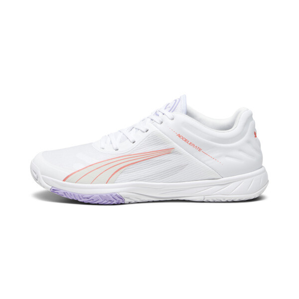 PUMA Accelerate Turbo Women's Court Shoes in White/Fire Orchid/Vivid Violet, Size 7.5