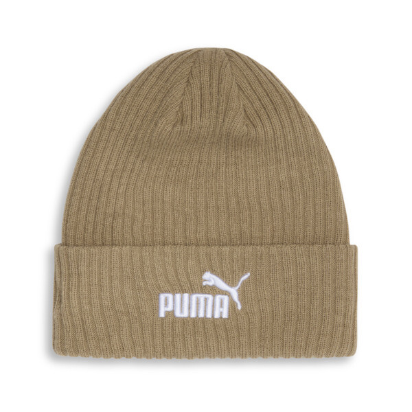 PUMA Logo Ribbed Cuff Beanie Hat in Dark Beige