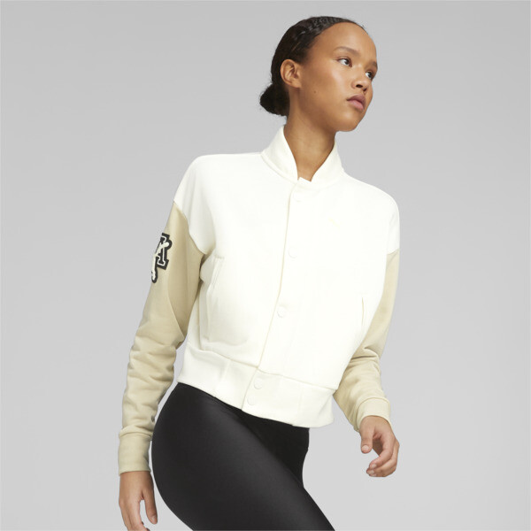 PUMA x OLIVIA AMATO Women's Varsity Jacket in Frosted Ivory/Granola, Size S