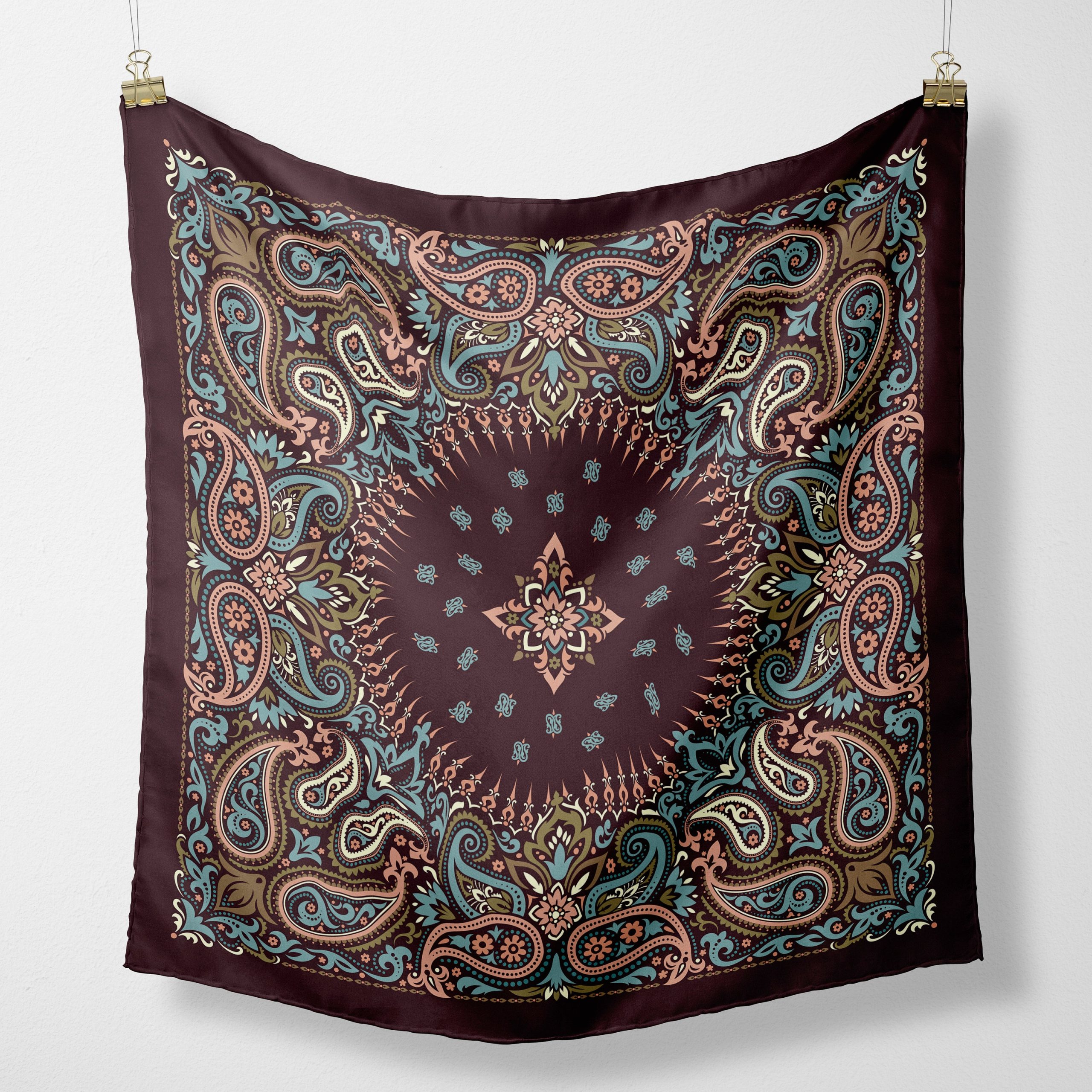 Paisley Bandana Brown Pastel Blue & Pink, Ornate Tie Top, Halter Head Wrap Or Hair Scarf