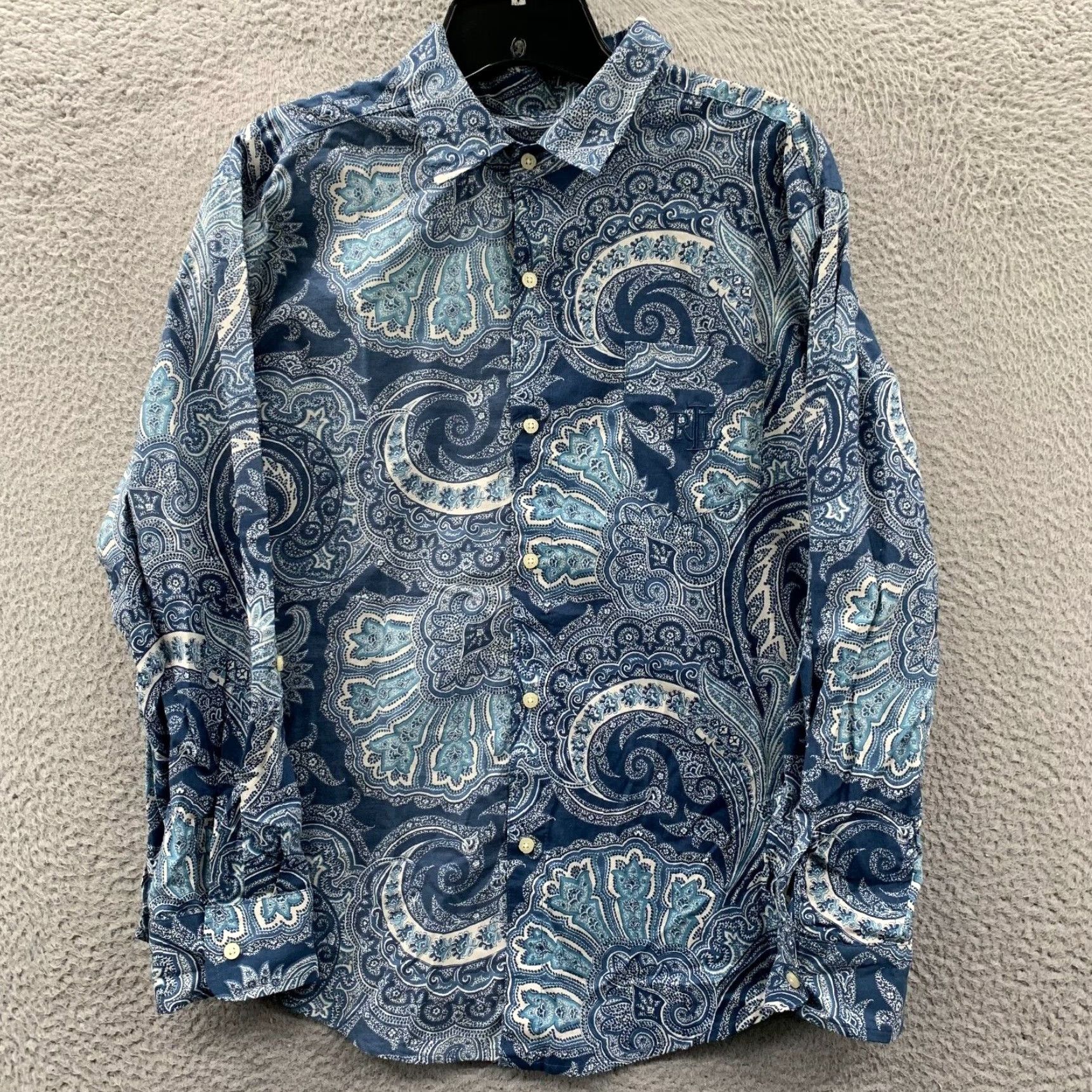 Paisley Patterned Blue Button Up Blouse Top For Women In Medium By Lrl Laurent Ralph Laurent in White