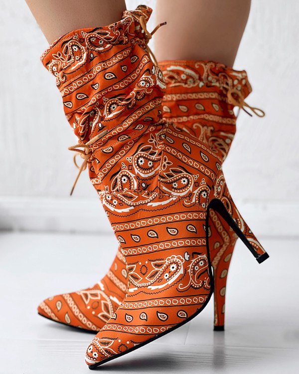 Paisley Print Drawstring Stiletto Heel Ankle Boots