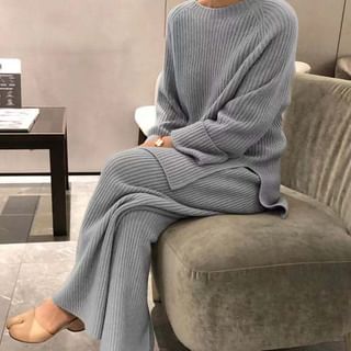 Pajama Set: Long-Sleeve Crew Neck Plain Ribbed Sweatshirt + Pants