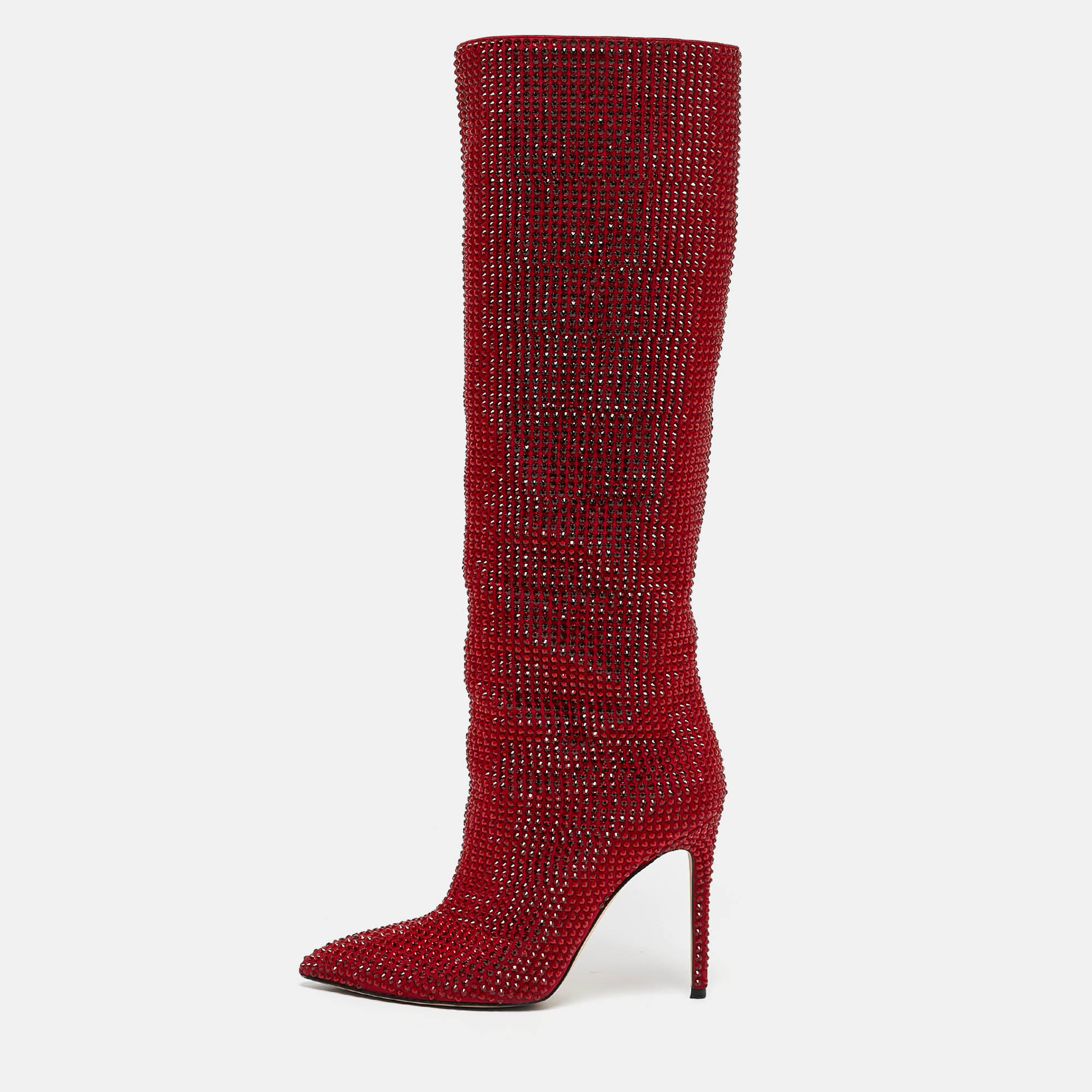 Paris Texas Red Suede Crystal Embellished Holly Stiletto Knee Length Boots Size 38