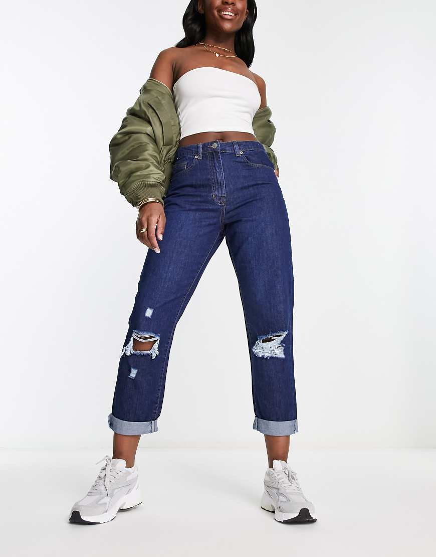 Parisian ripped knee boyfriend jeans in indigo-Blue