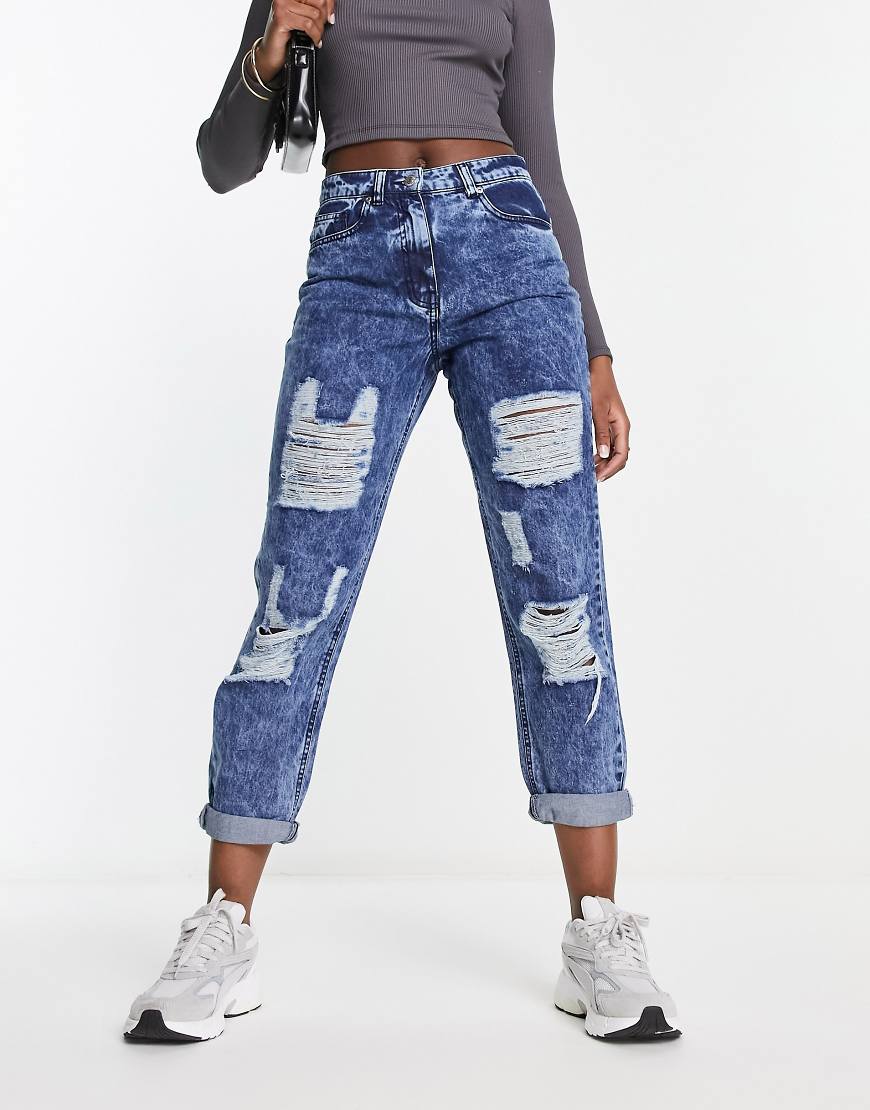 Parisian turn up hem distressed mom jeans in dark blue acid wash