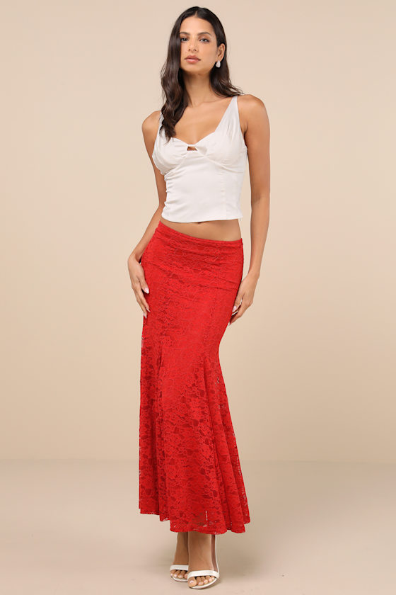 Passionate Statement Red Floral Lace Mermaid Midi Skirt