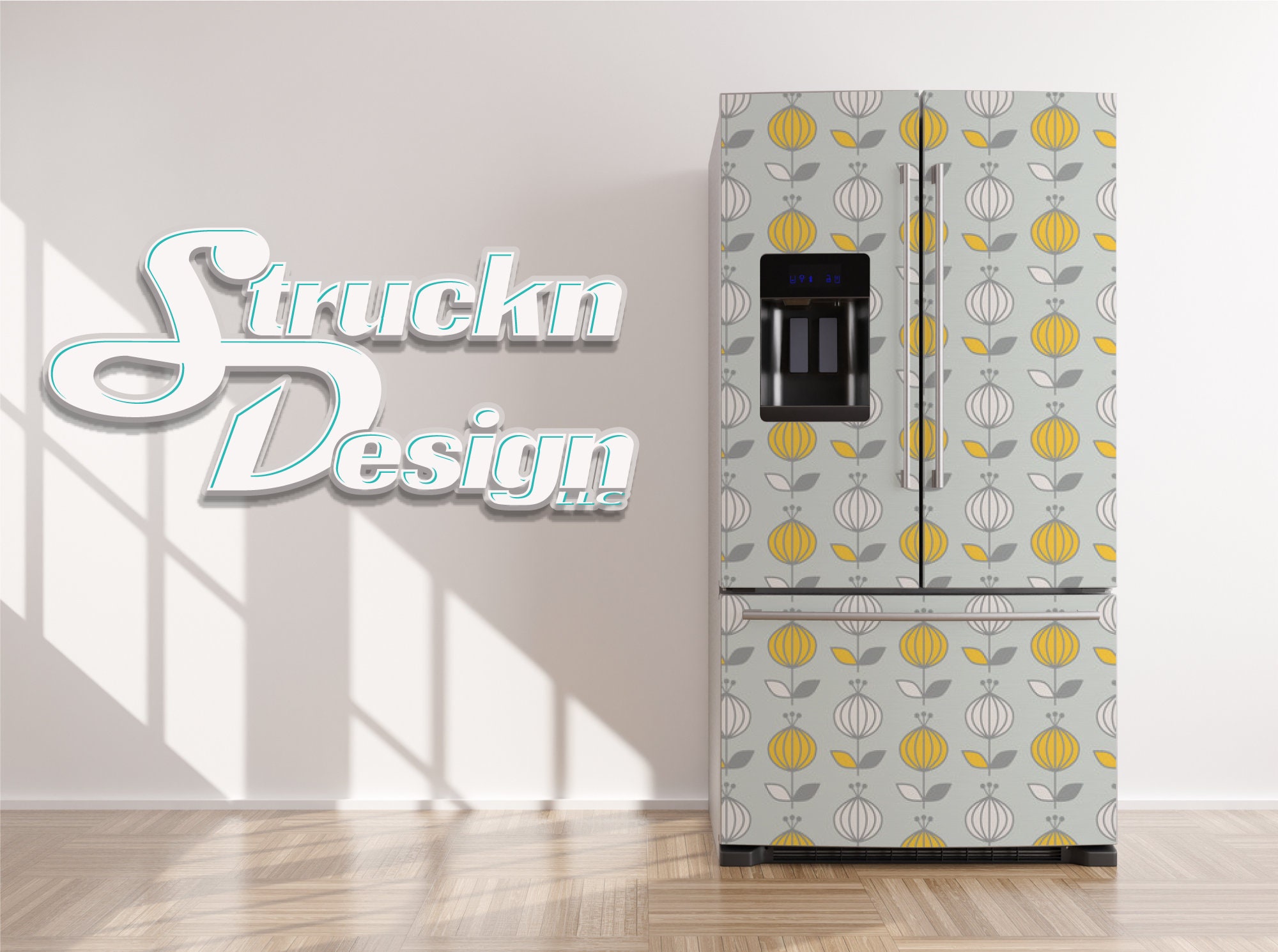 Pastel Blue Mid Century Modern Flower Yellow Refrigerator Fridge Freezer Wrap Side By Top Bottom Door Vinyl Mural Skin Decal Removable