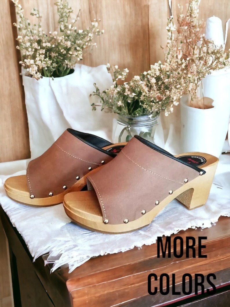 Pastel Brown Swedish Clogs Real Leather Linden Wood Sandal Clog Stylish High Heel Moccasins Women Gift Black