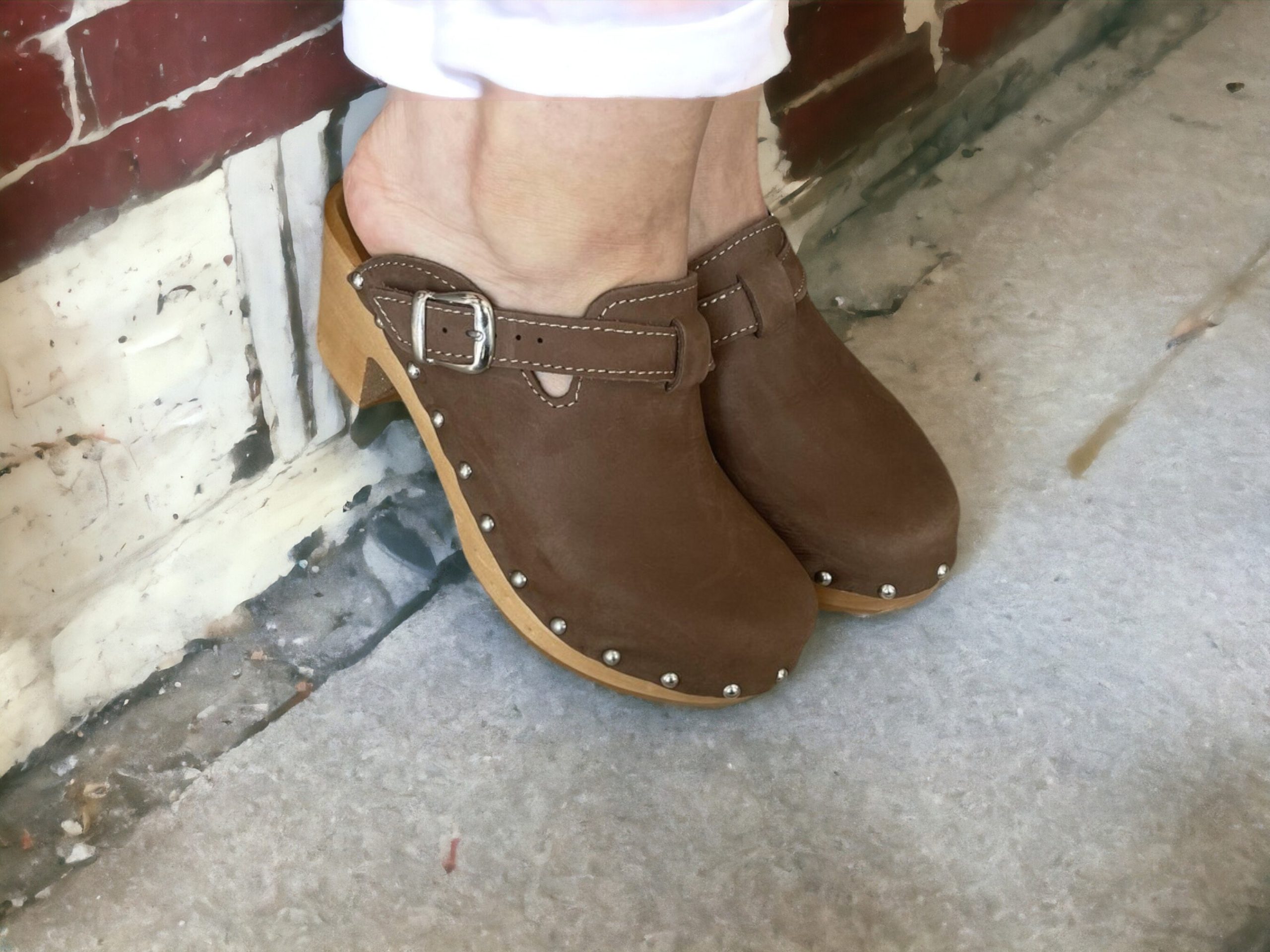 Pastel Brown Swedish Clogs Real Leather Linden Wood Sandal Clog Stylish High Heel Moccasins Women Gift