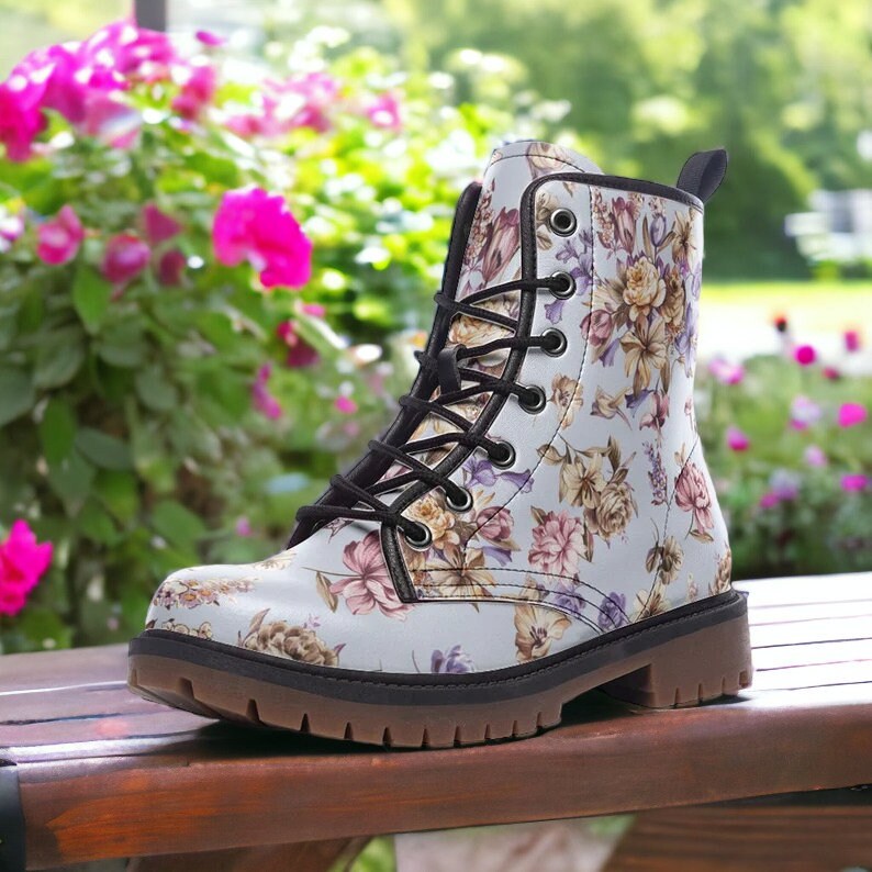 Pastel Floral Vegan Leather Combat Boots, Country Boots, Cottagecore Witchy Faux Boho Club Boots