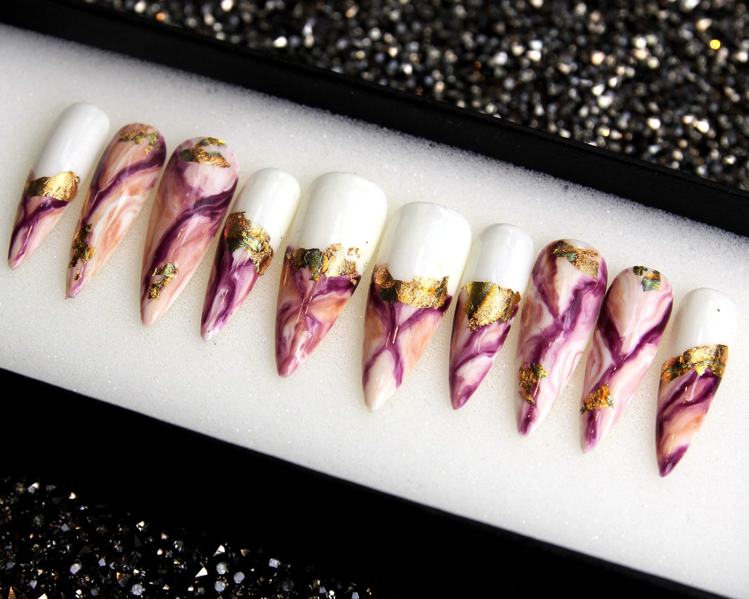 Pastel Golden Mix Long Stiletto Nails Set, Halloween Glue On Nails, Luxury Press Fake Acrylic Custom N359