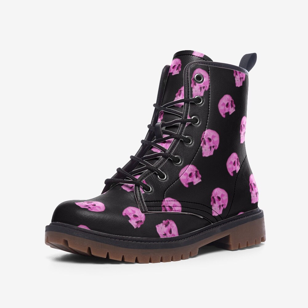 Pastel Goth Pink Skull Vegan Combat Boots, Celestial Mystical Witchcore Witchy Clubwear, Fantasy Festival Wear