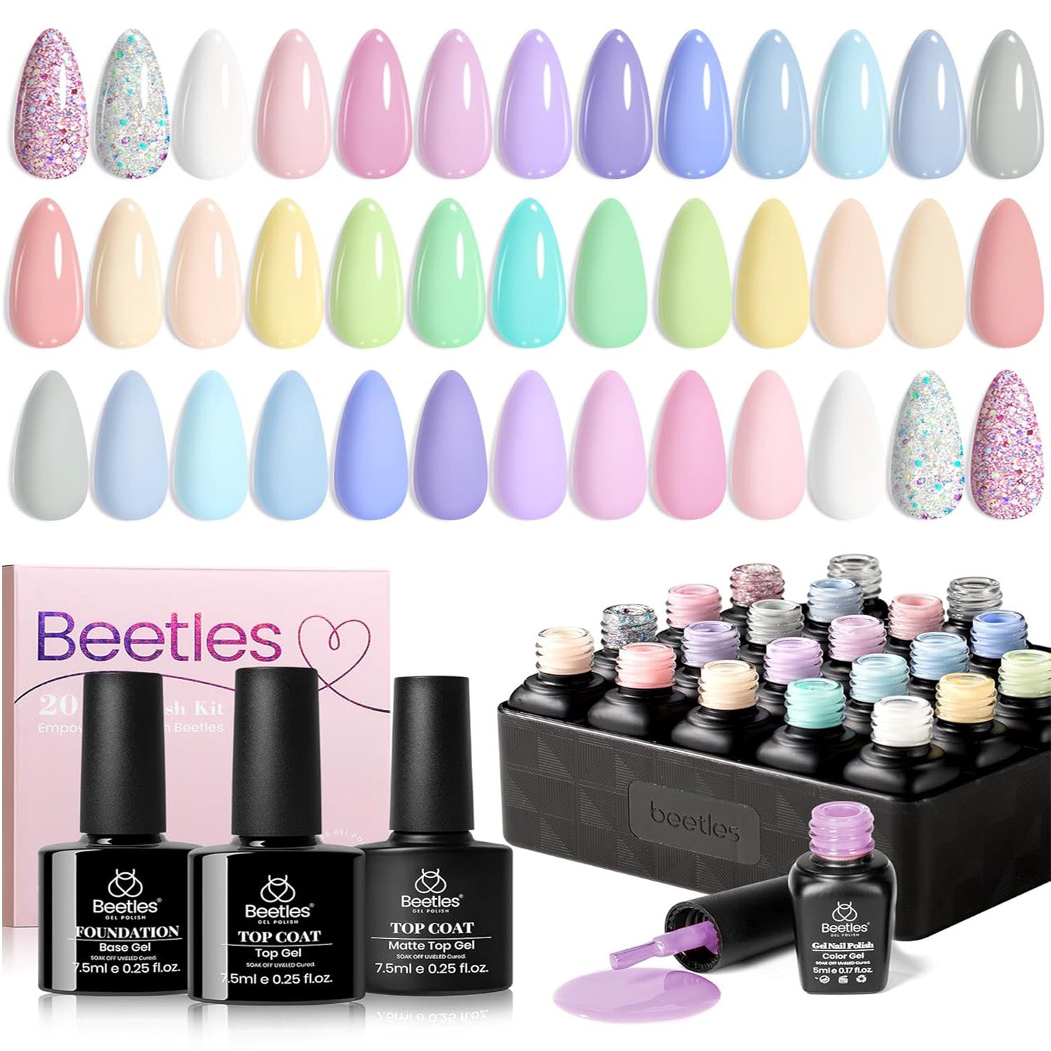 Pastel Paradise - 20 Gel Colors Set with Top and Base Coat (5ml/Each)