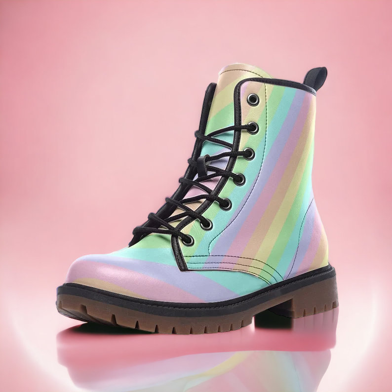 Pastel Striped Boots, Rainbow Stripes Vegan Leather Combat Unisex Pastelkei Kidcore Pastelcore, Aesthetic Boots