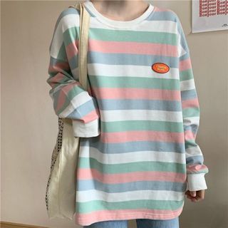 Patched Color-Block Stripe Oversized Long-Sleeve Top