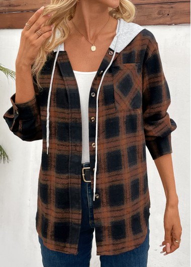 Patchwork Plaid Dark Camel Hooded Long Sleeve Coat