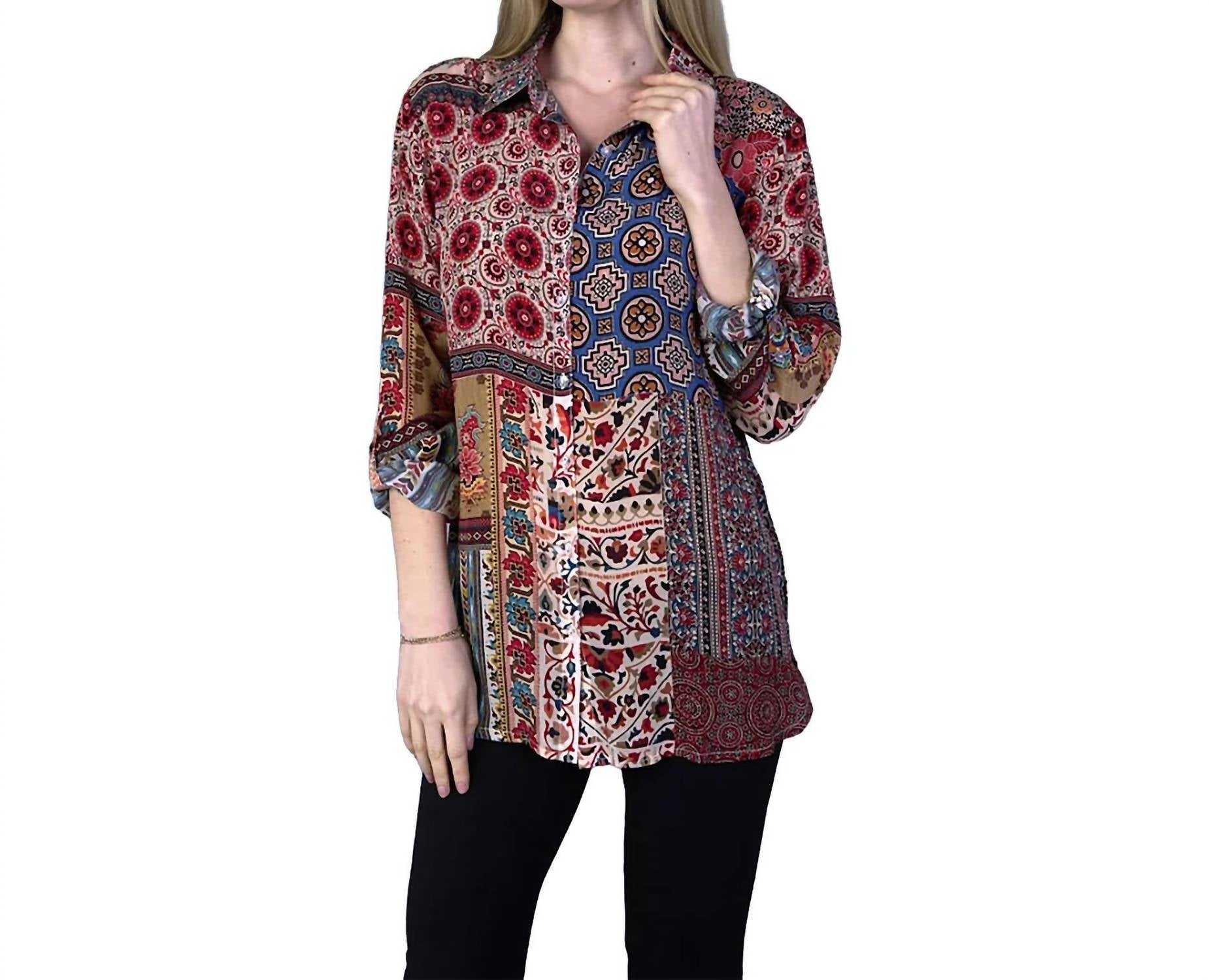 Patchwork Print Button Up Tunic Top In Wine