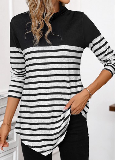 Patchwork Striped Black High Neck Long Sleeve T Shirt