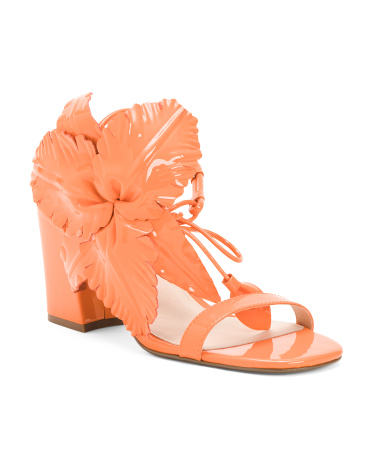 Patent Leather Hibiscus Floral Heeled Sandals for Women | Leather/Man-Made Sole