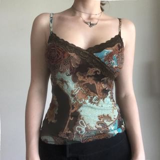 Patterned Print Panel Lace Wrap Cami Top