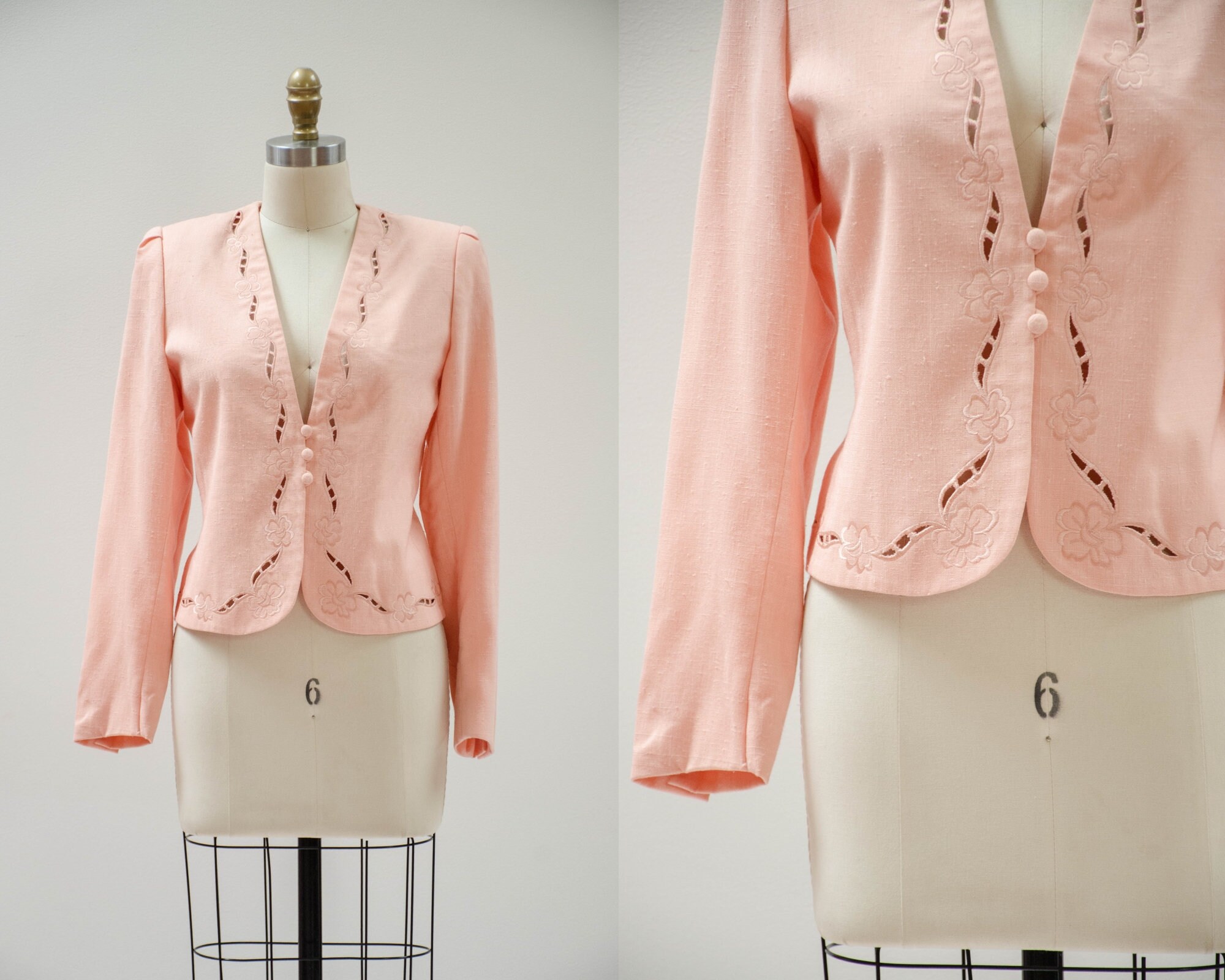 Peach Embroidered Jacket | 70S 80S Vintage Sassoon Cutwork Lace Floral Embroidery Pastel Linen Style Blazer