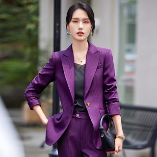 Peak Lapel Striped Double-Breasted Blazer / High Waist Bootcut Dress Pants / Set