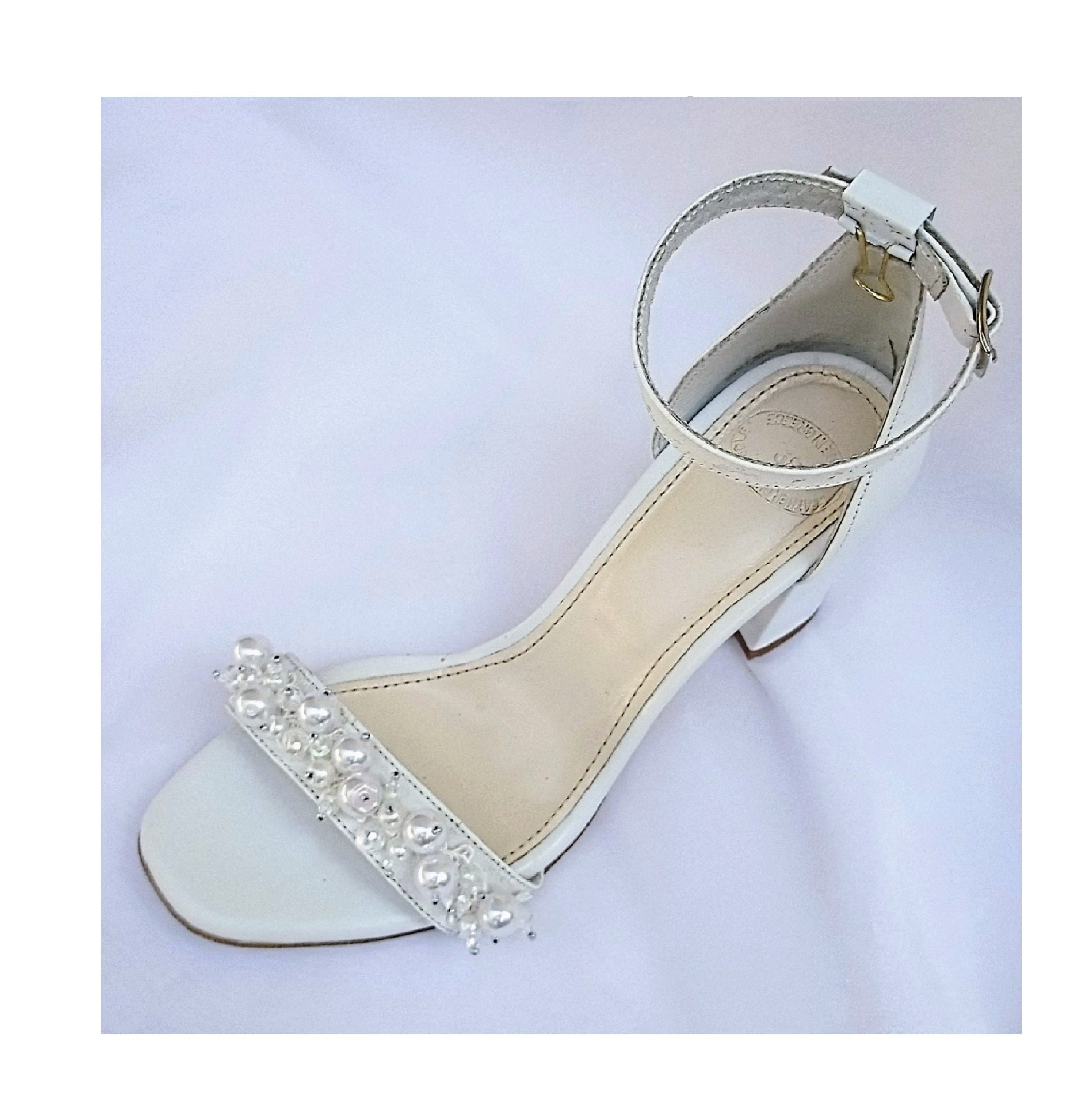 Pearl Wedding Block Heels, White Handmade Shoes For Bride, Leather Sandals